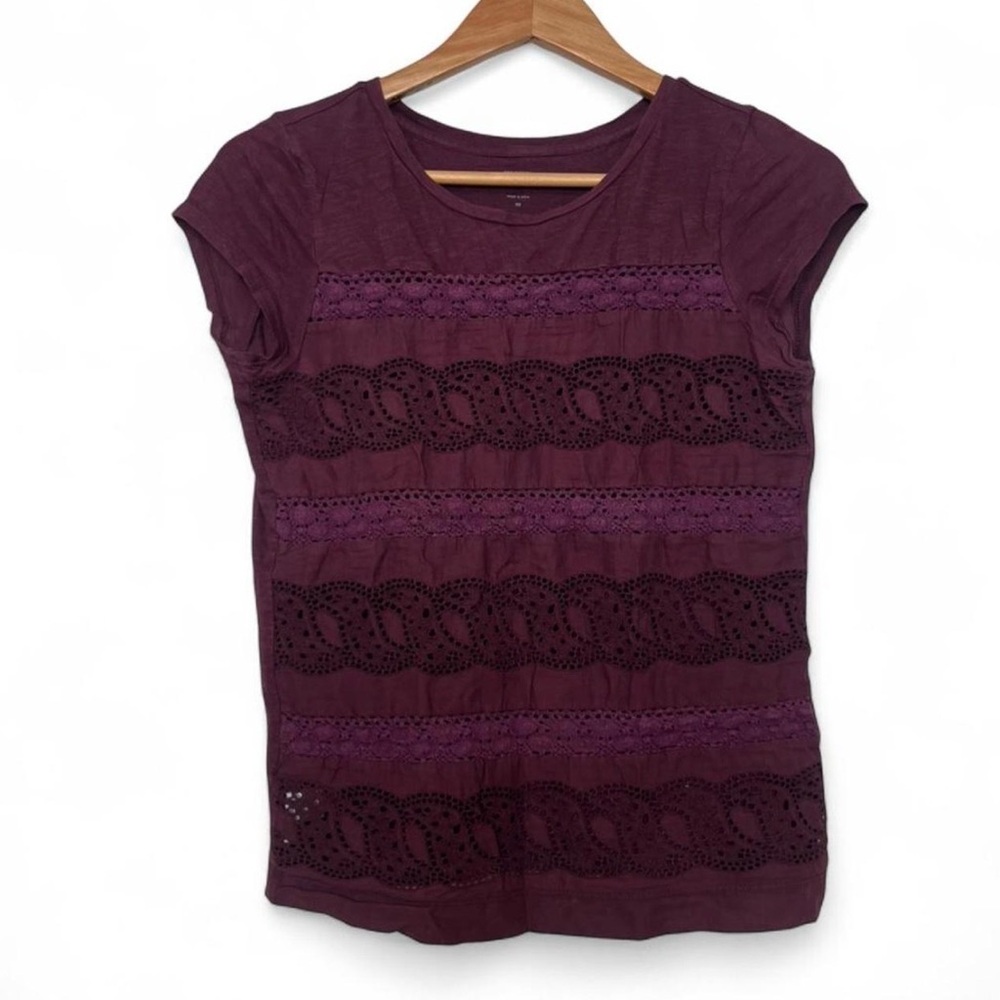LOFT Mixed Media Lace Tiered Burgundy Boho Eyelet Short Sleeve Cotton T-Shirt